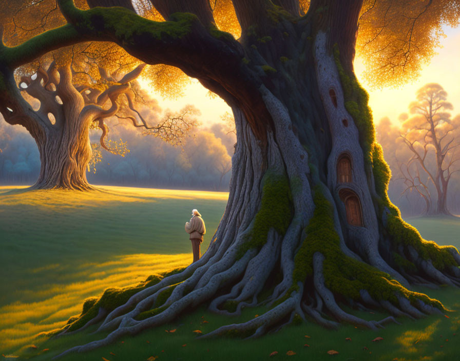 Elderly person gazes at whimsical tree in serene sunset forest landscape