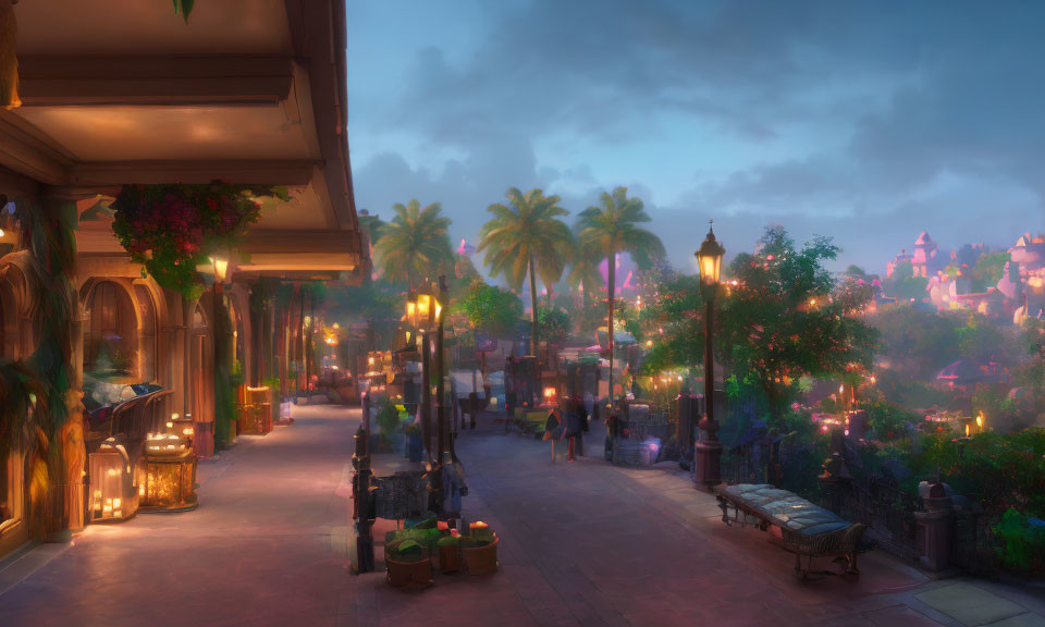 Charming Twilight Street Scene with Glowing Lanterns