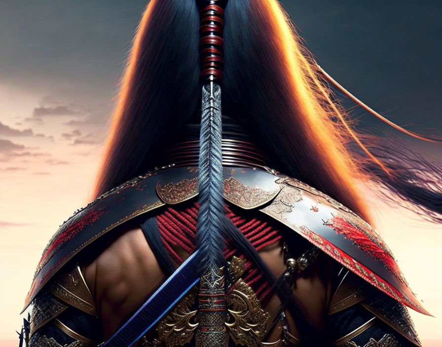 Samurai warrior in elaborate armor with katana in fiery sky portrait