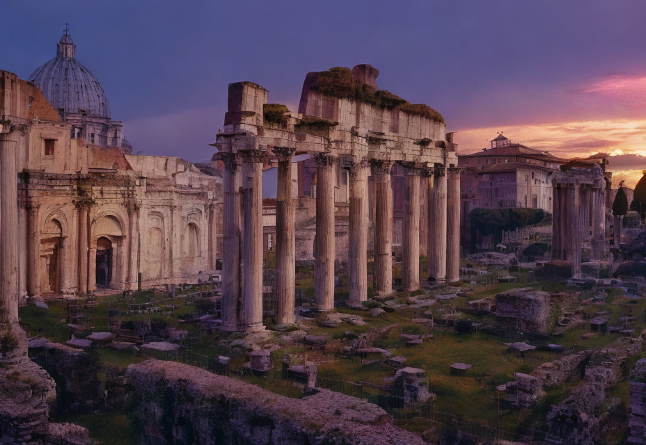 Ancient Roman ruins with columns and arches at dusk against a purple sky.