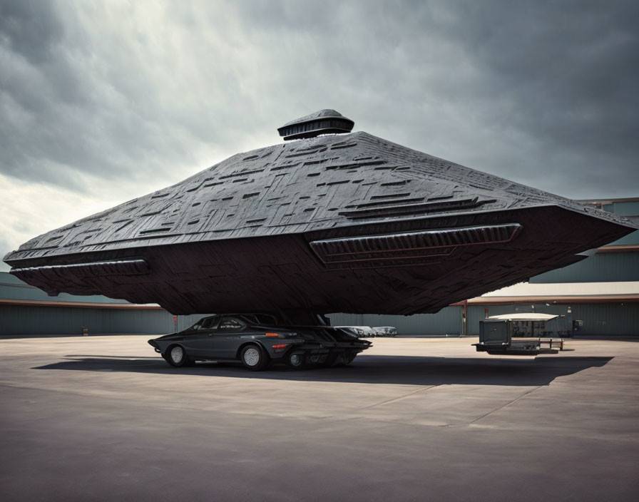 Massive Star Wars Imperial Star Destroyer spacecraft next to car and trailer on tarmac under cloudy sky