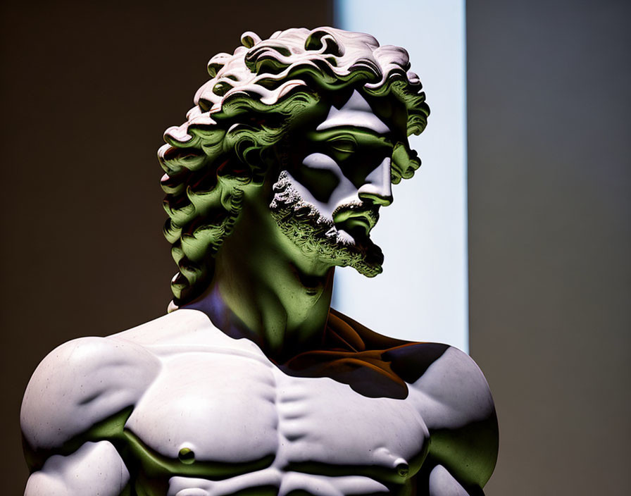 Bearded male classical sculpture with curly hair and intricate detailing