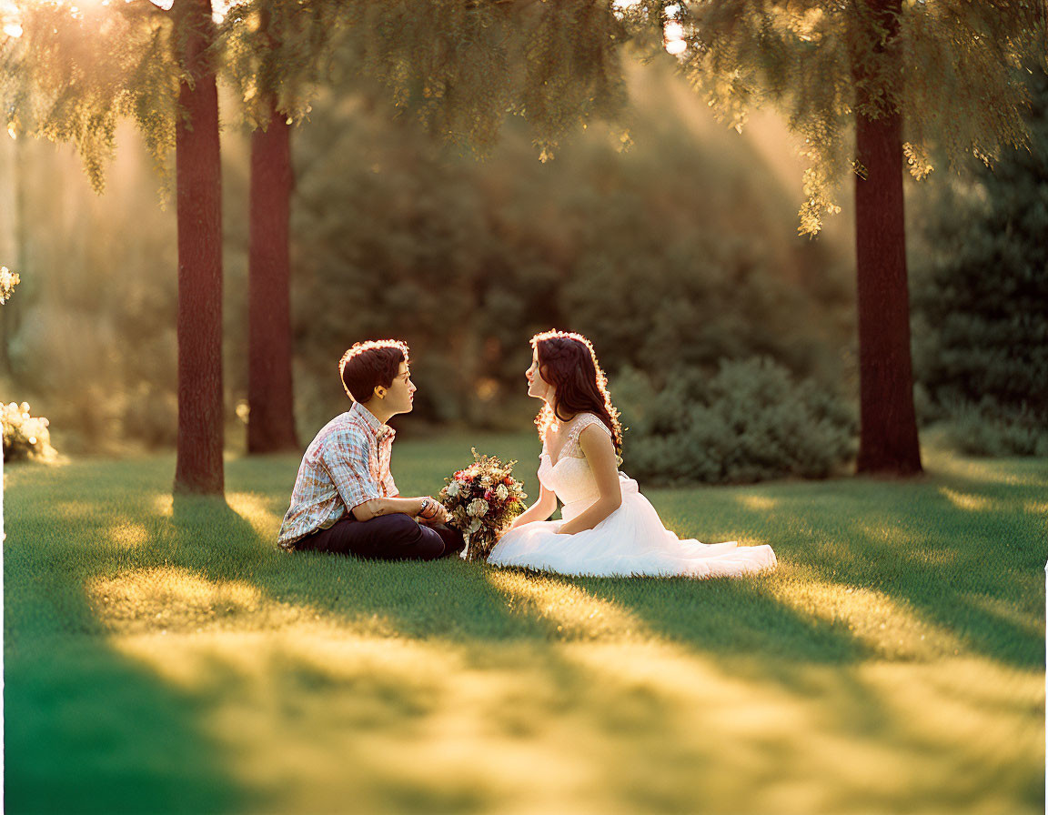 Couple in wedding attire on grassy area with bouquet