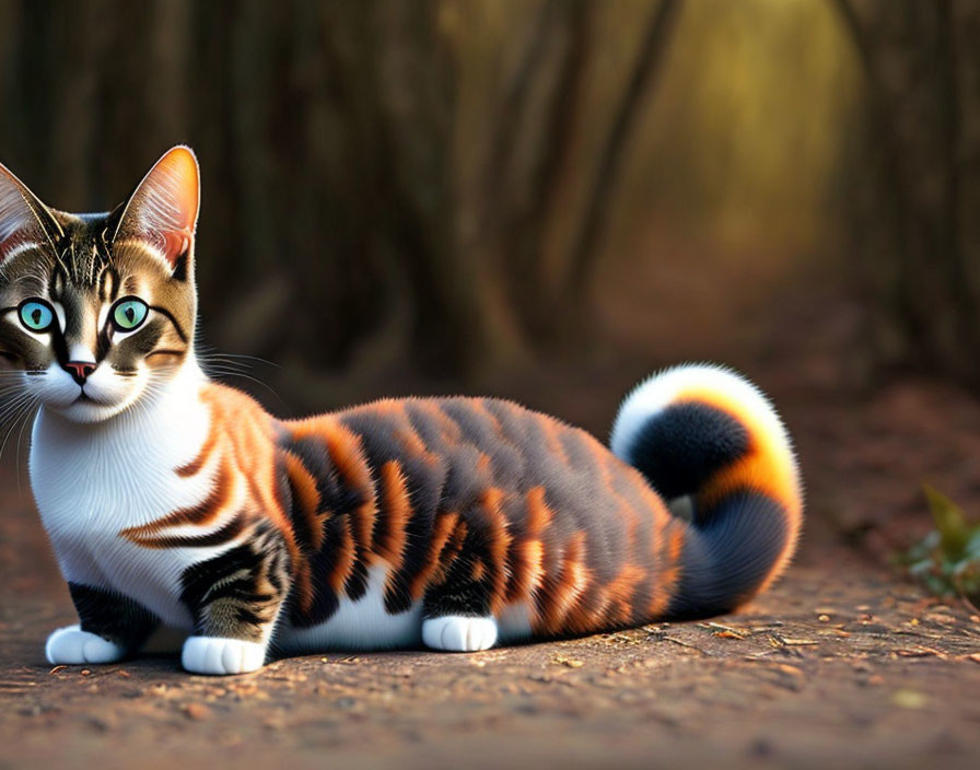 Striped tiger-like cat with green eyes on path with trees