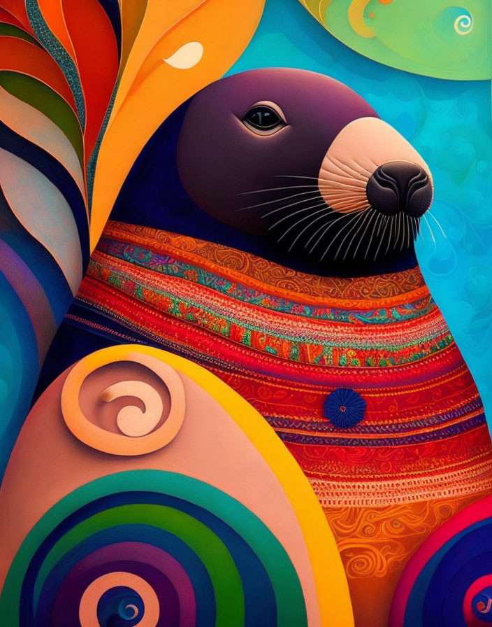 Vibrant sea lion painting with colorful swirls