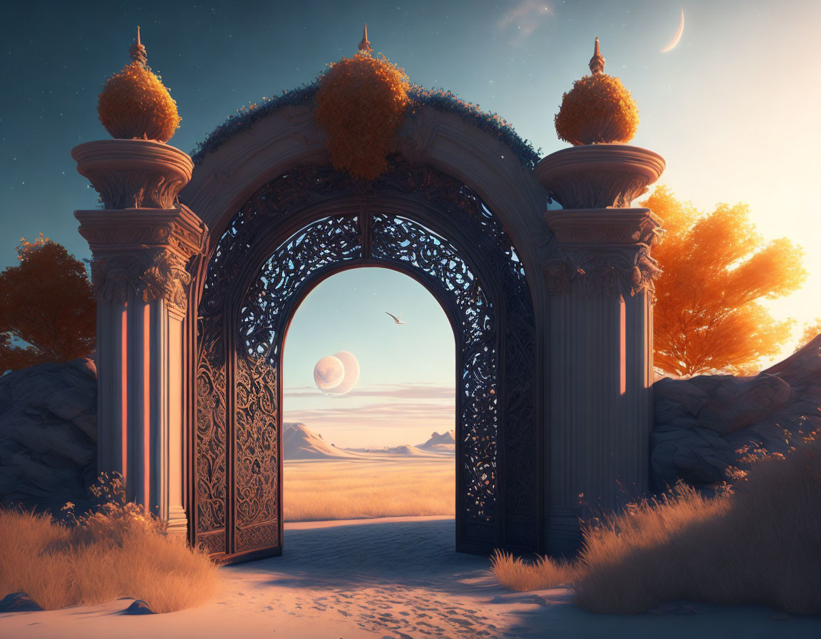 Ornate archway in serene sunset landscape with crescent moon and planet, surrounded by autumnal