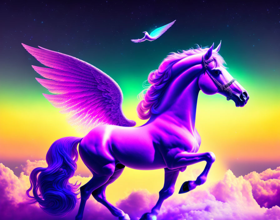 Colorful Winged Horse Artwork Soaring in Sunset Sky