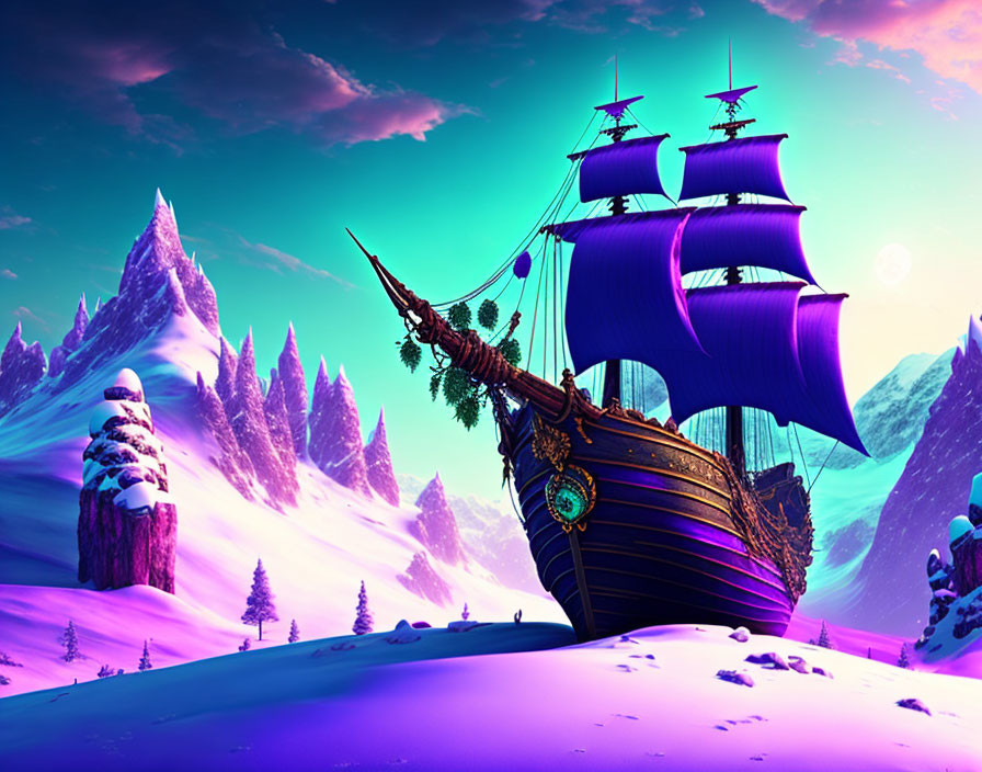 Colorful fantasy landscape with grounded ship and snowy mountains in pinkish-purple sky