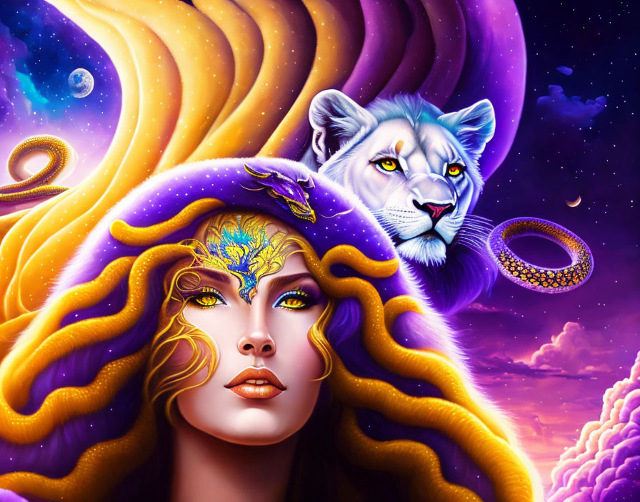 Fantasy illustration of woman with face paint and lion blending against cosmic background