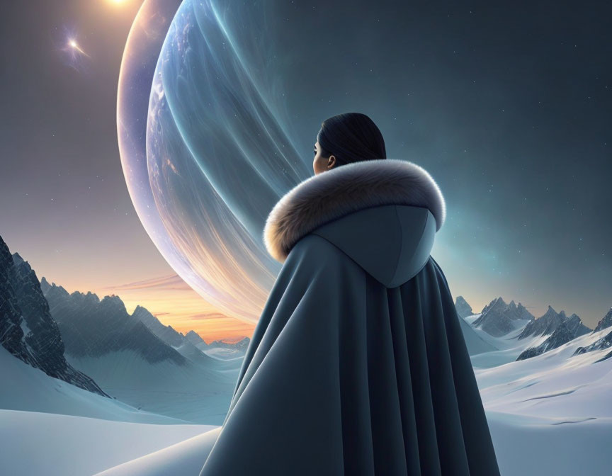 Person in cloak with fur collar gazes at otherworldly planet above snowy mountain at dusk