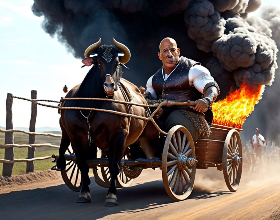 Person in chariot pulled by bull with flames: Urgent escape scene