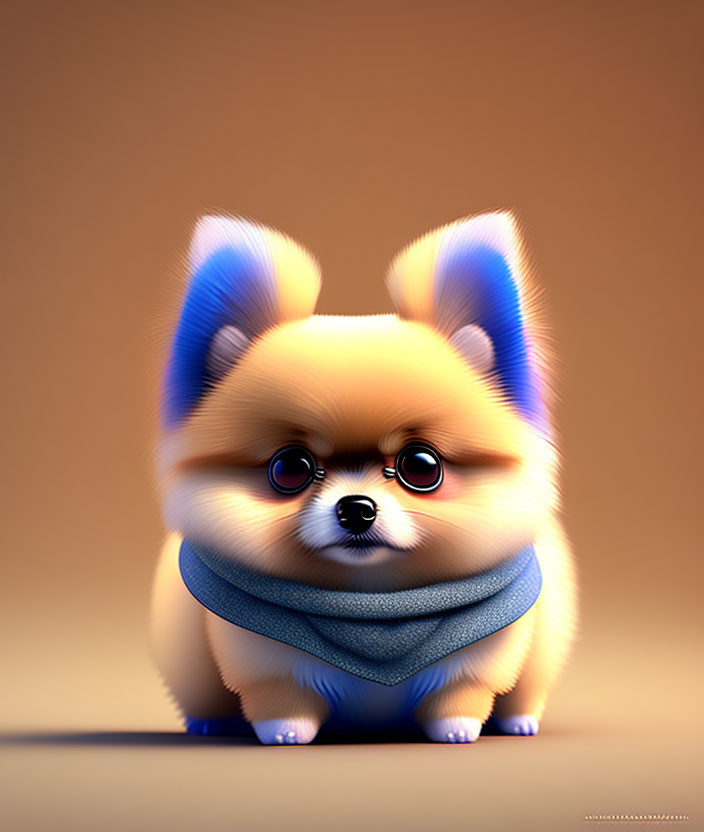 Stylized Pomeranian Dog Illustration with Blue Scarf