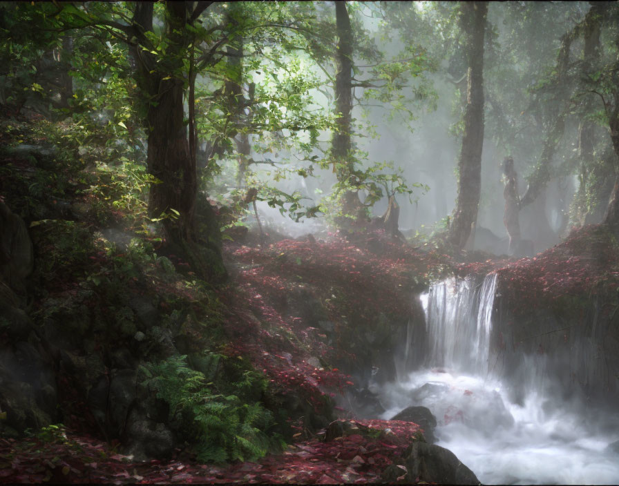 Tranquil forest landscape with sunlight, waterfall, and red leaves