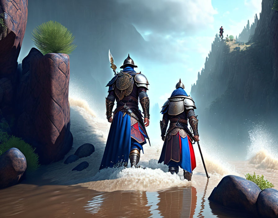 Medieval knights in armor by water and cliffs.