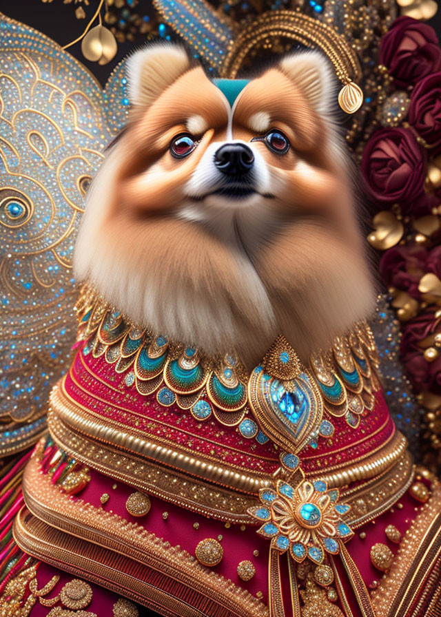 Pomeranian Dog Head Photoshopped on Ornately Dressed Human Figure