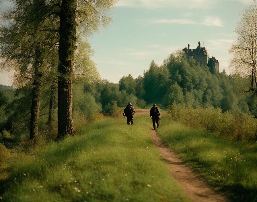 Cyclists on dirt path in lush green forest with castle on hill