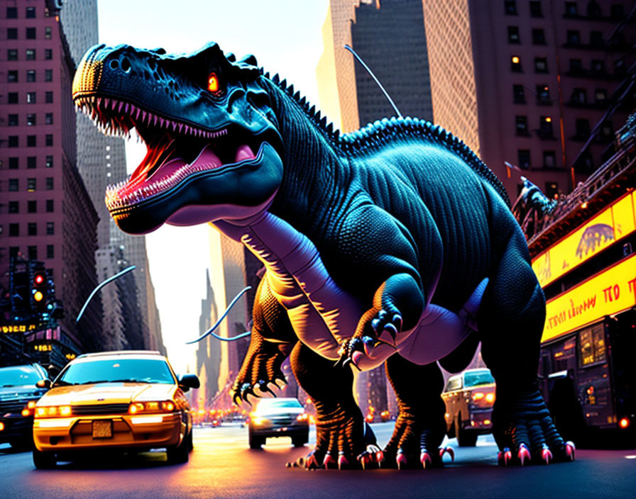 Digital artwork: T-Rex on roller skates in city street at dusk