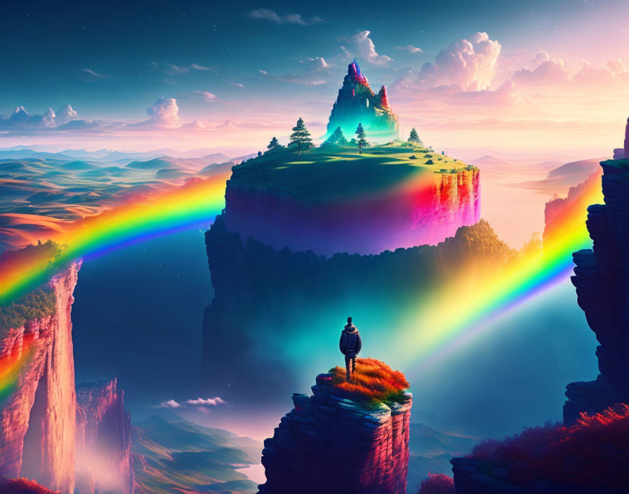 Person on Rock Formation Sees Rainbow Over Lush Plateau