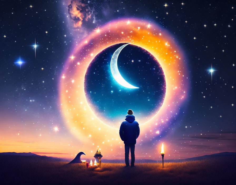 Person standing before glowing crescent moon portal in starry night landscape with lamp and torch.