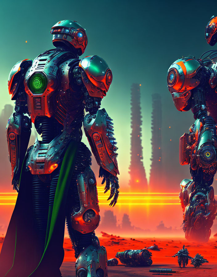 Futuristic robots on alien planet with orange skies