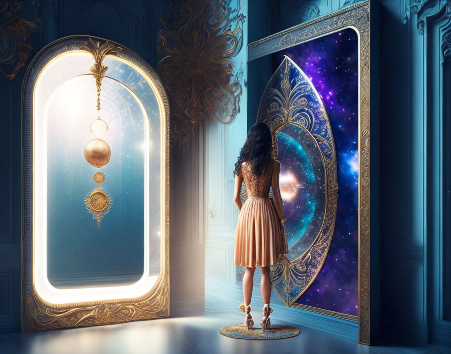 Woman in dress between ornate mirrors reflecting celestial and golden pendulum images