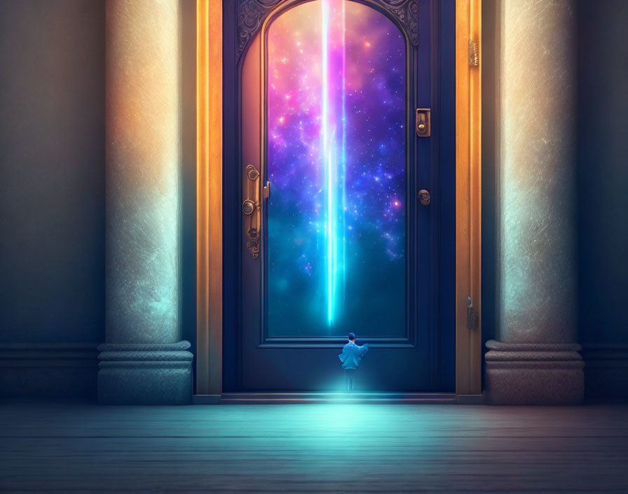 Glowing figure at open door with cosmic scene and colorful nebulae