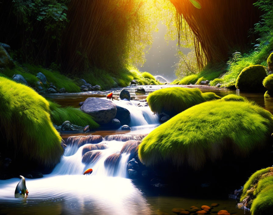 Tranquil stream in lush green landscape with moss-covered rocks