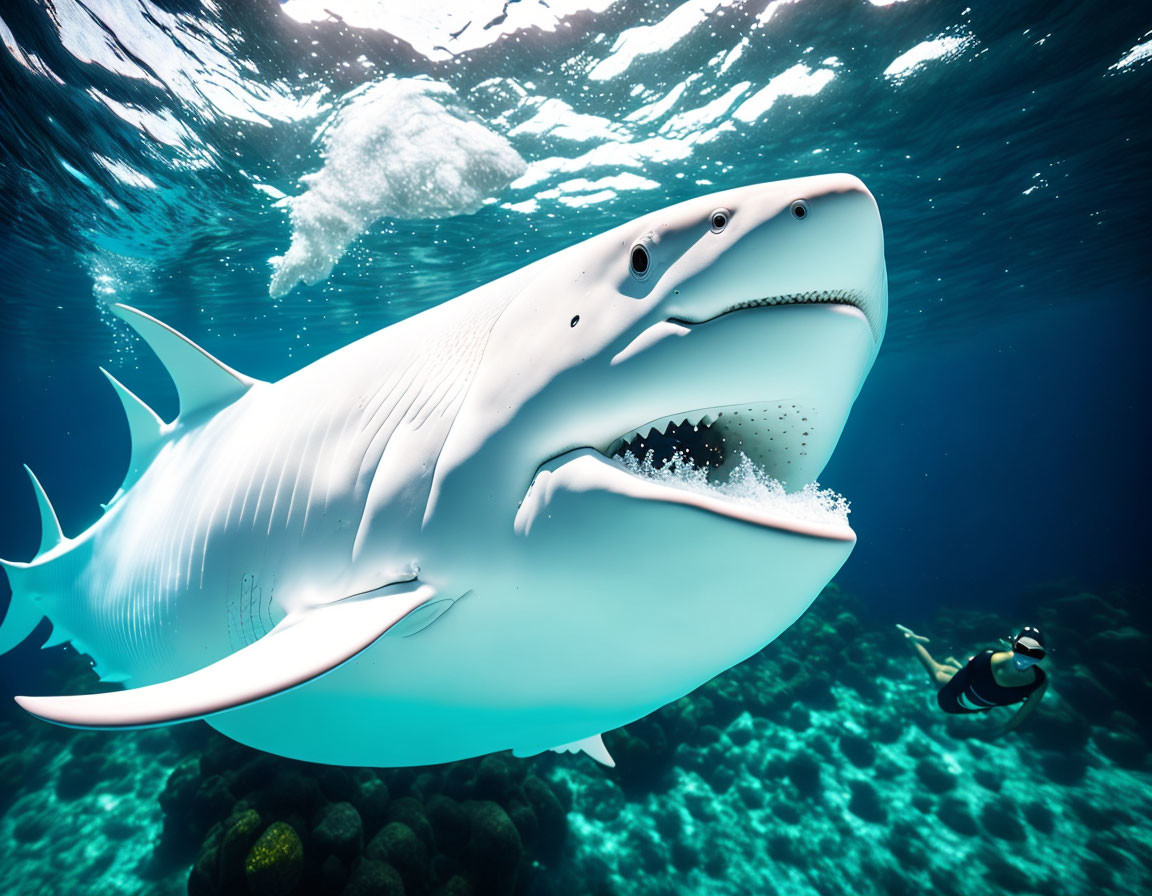 Underwater diver watches hammerhead shark in clear blue water