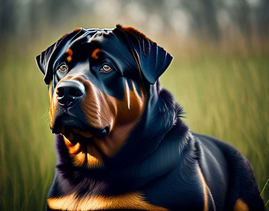 Glossy Rottweiler Dog Sitting in Field with Attentive Gaze