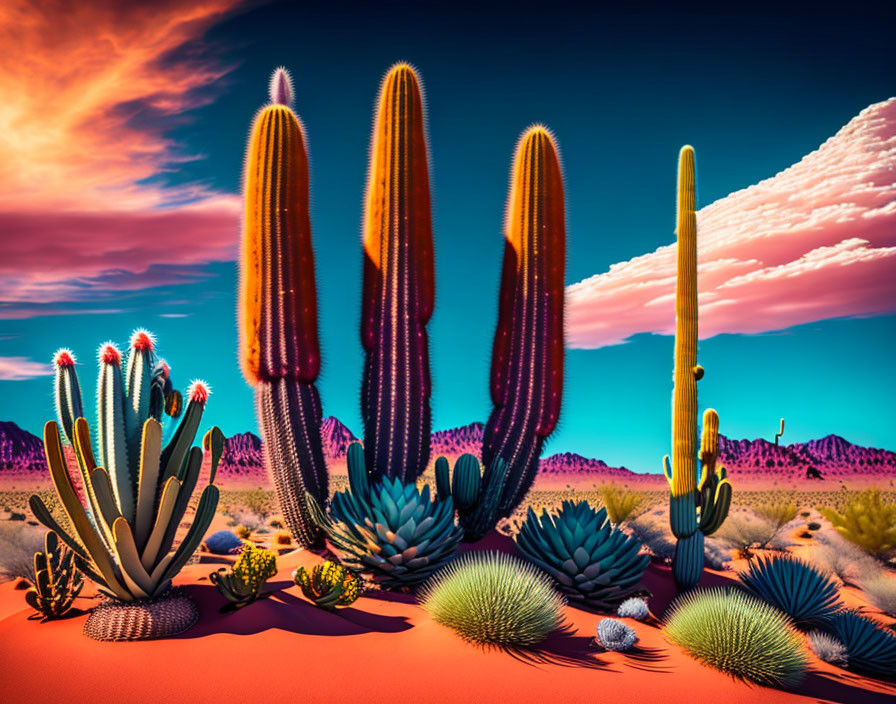 Colorful desert landscape with diverse cacti under streaky orange and blue sky