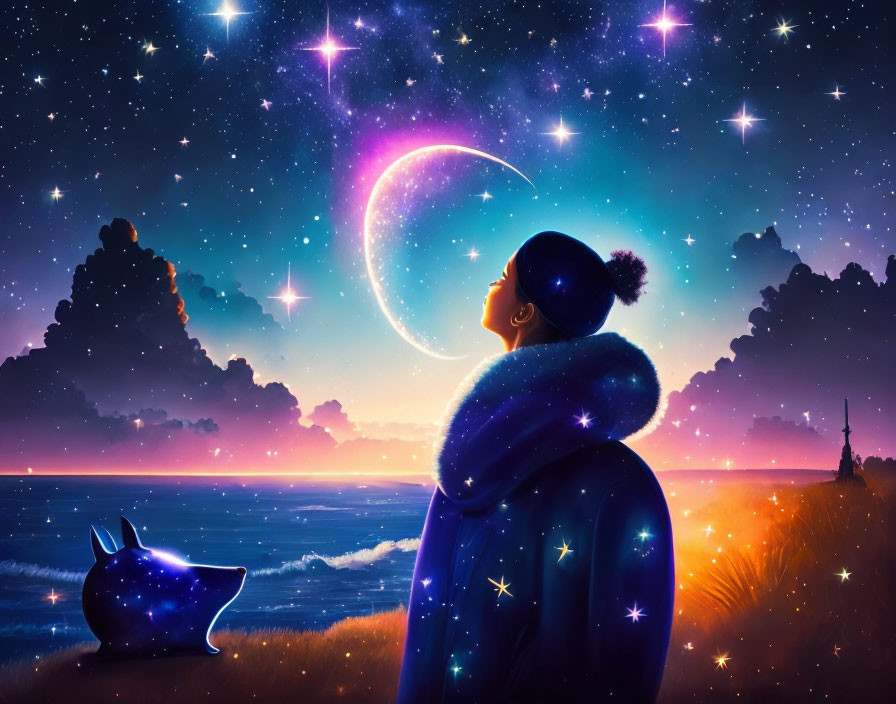 Person in blue cloak admires crescent moon with glowing dog by sea under starry sky.