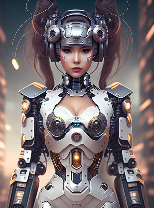 Detailed Futuristic Female Android in Mechanical Armor with Glowing Elements