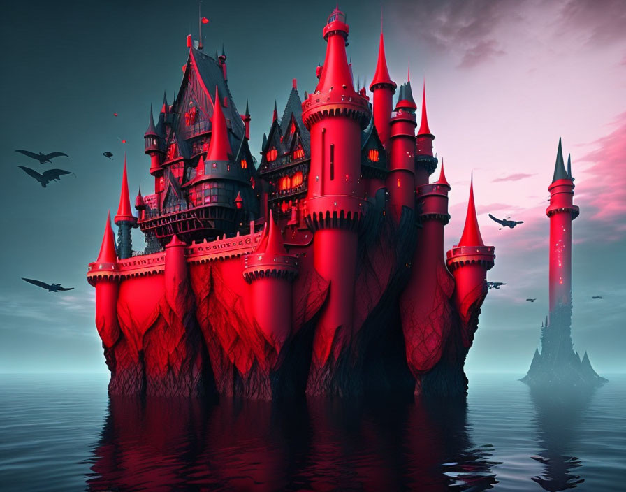 Fantastical crimson castle with multiple towers on rugged cliff under dusky sky