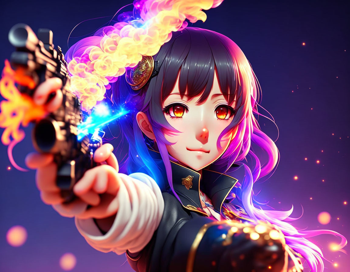 Purple-haired anime girl with glowing red eyes holding a blazing gun in a magical dark setting