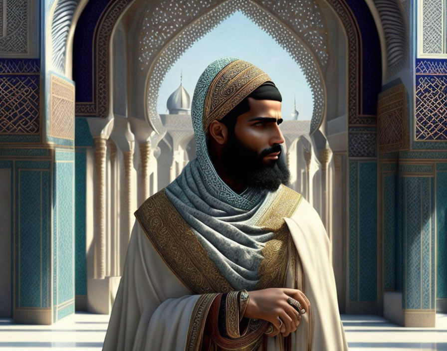 Bearded man in Middle Eastern attire in ornate palace corridor