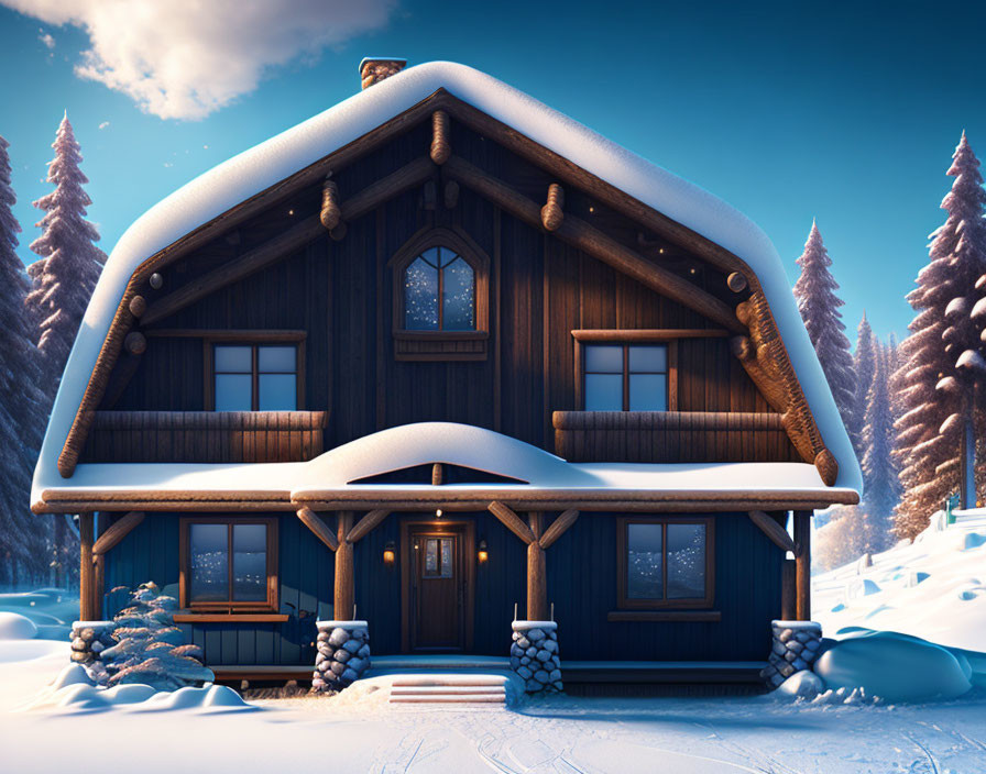 Snow-covered wooden cabin in twilight snowy landscape
