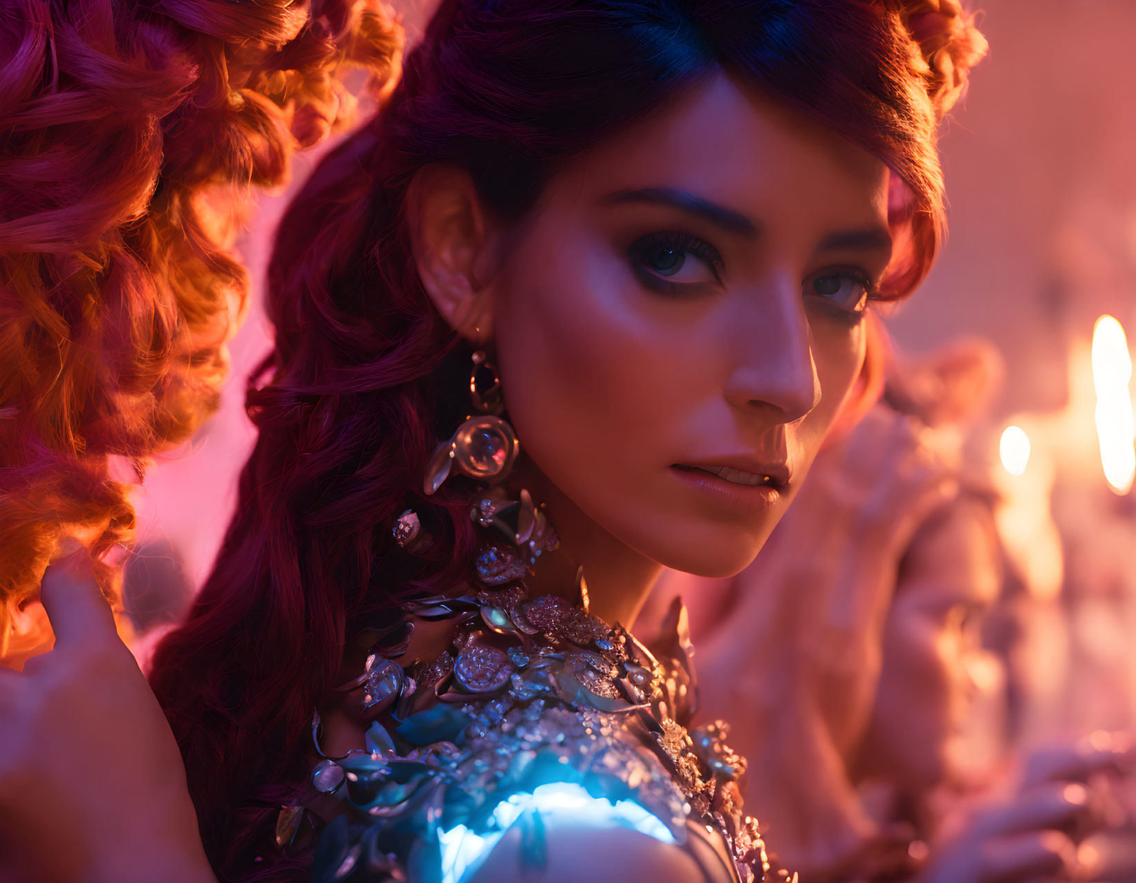 Styled hair and ornate earrings on woman in warm lighting