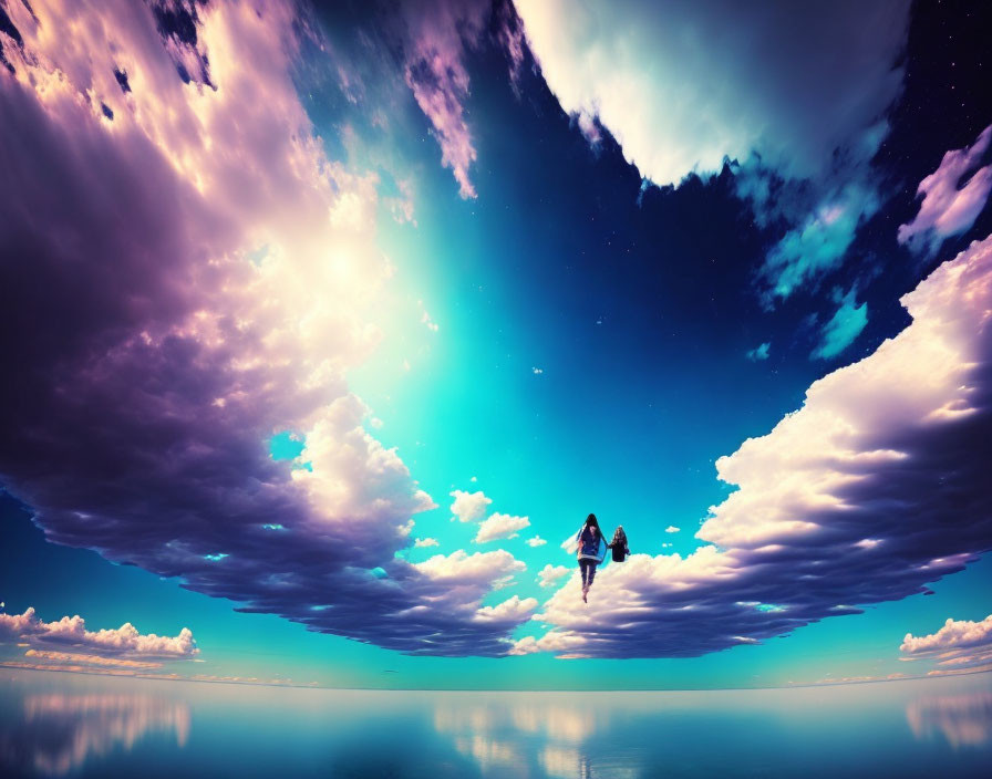 Levitating person with backpack between clouds and water in vibrant sky