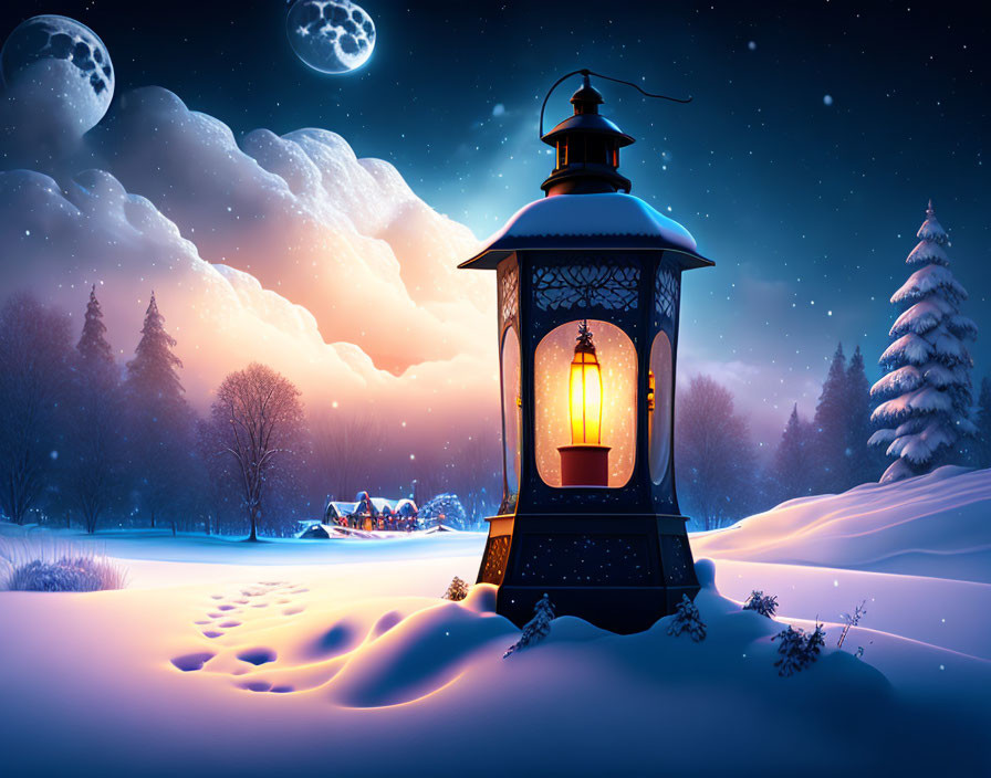 Snowy landscape at night with lantern, trees, footprints, distant house, dual moons