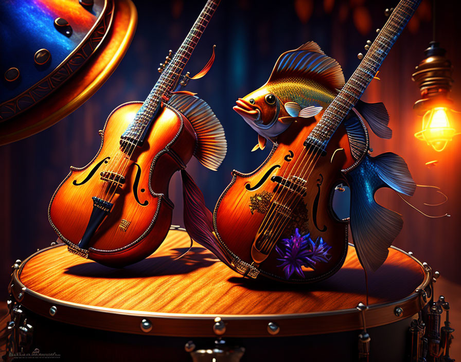 Intricately designed violins with fish motifs and saxophone on snare drum under warm lighting