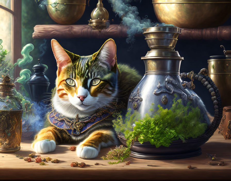 Regal cat with lavish collar among ornate teapots and vessels