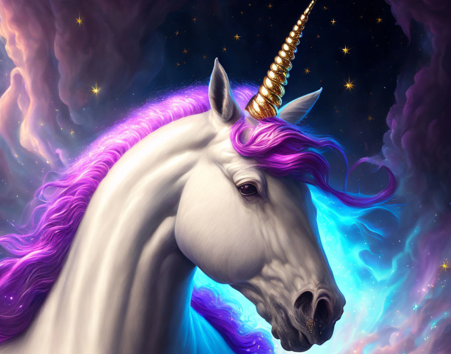 Majestic unicorn with golden horn in cosmic setting