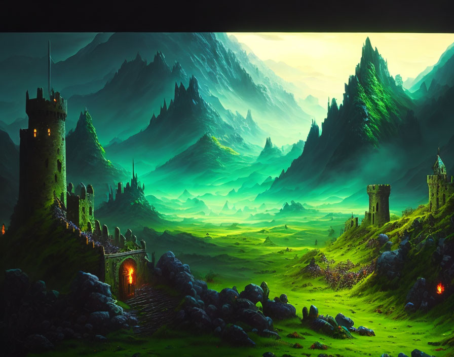 Majestic mountains and ancient castles in mystical landscape