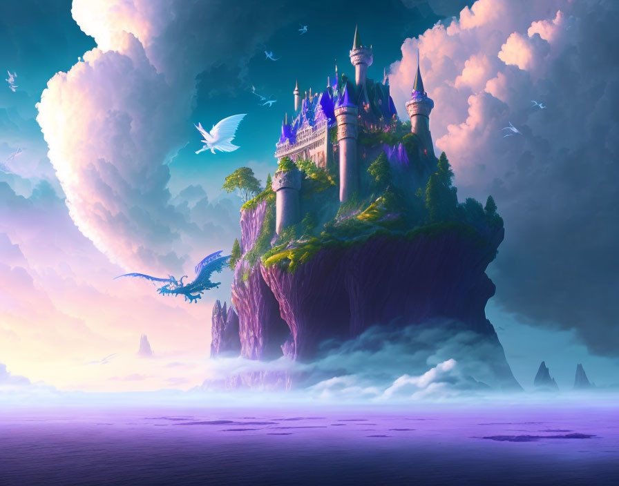 Fantastical castle on floating island with waterfalls, birds, dragon, and purple sky