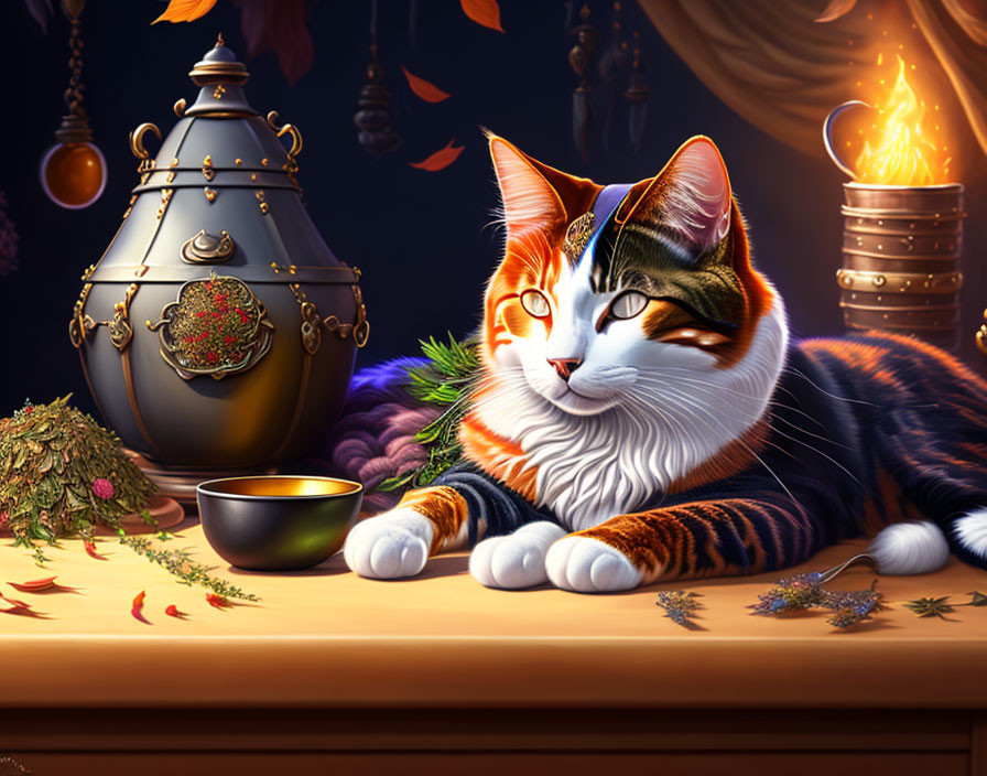 Calico Cat Relaxing Near Autumn Decorations