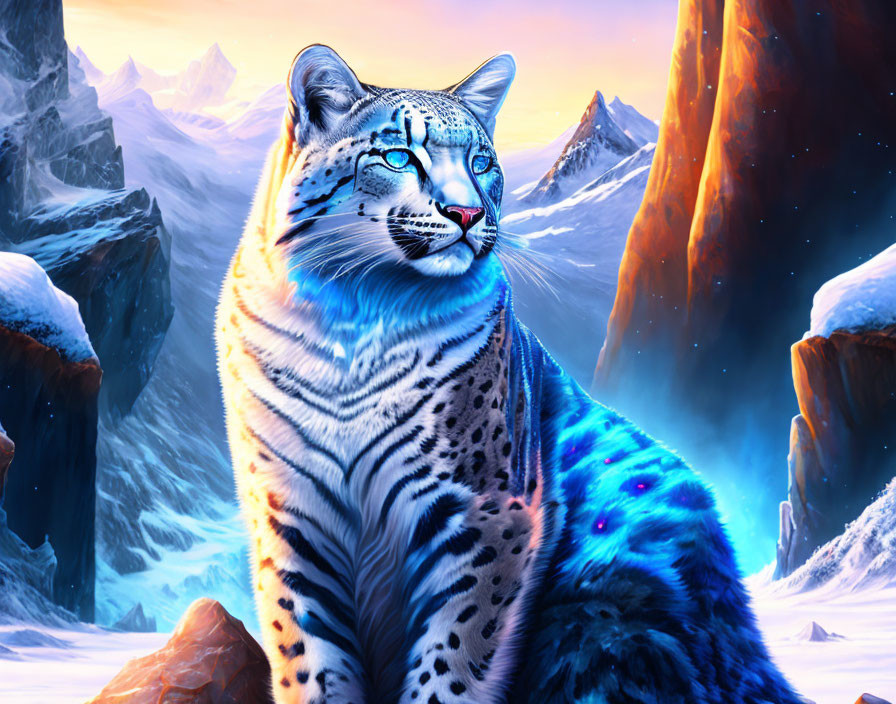 Majestic snow leopard digital art with glowing blue spots and stripes