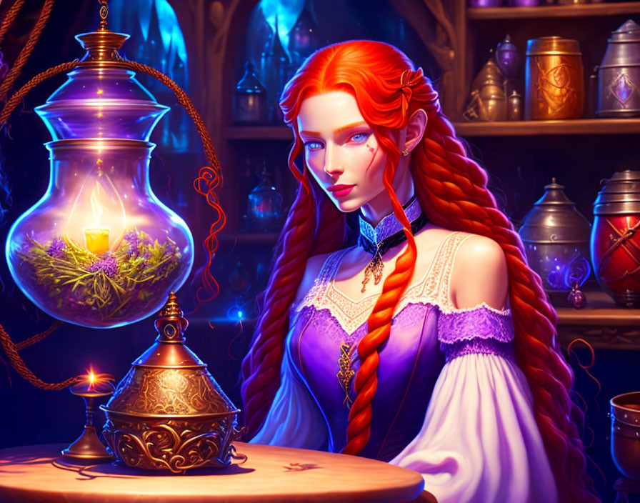 Red-haired female elf in fantasy room with glowing potions and ornate vessels