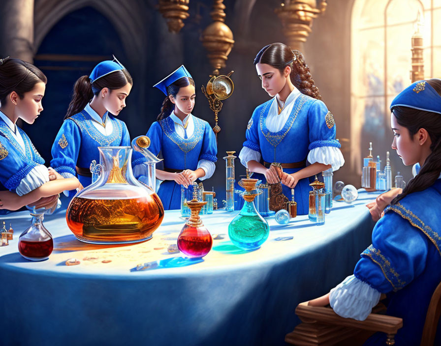 Five women in blue outfits working with alchemical apparatus in a medieval-style laboratory with colorful potions and a