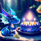 Fairy in blue dress with magical cake in mystical forest