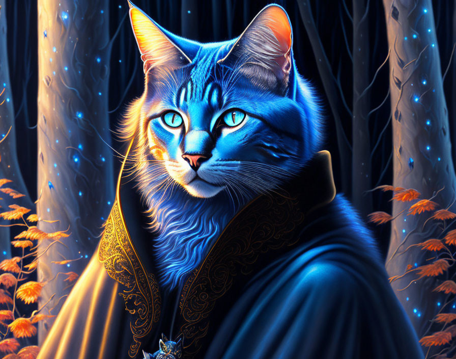 Majestic blue cat in elegant cloak among enchanting forest